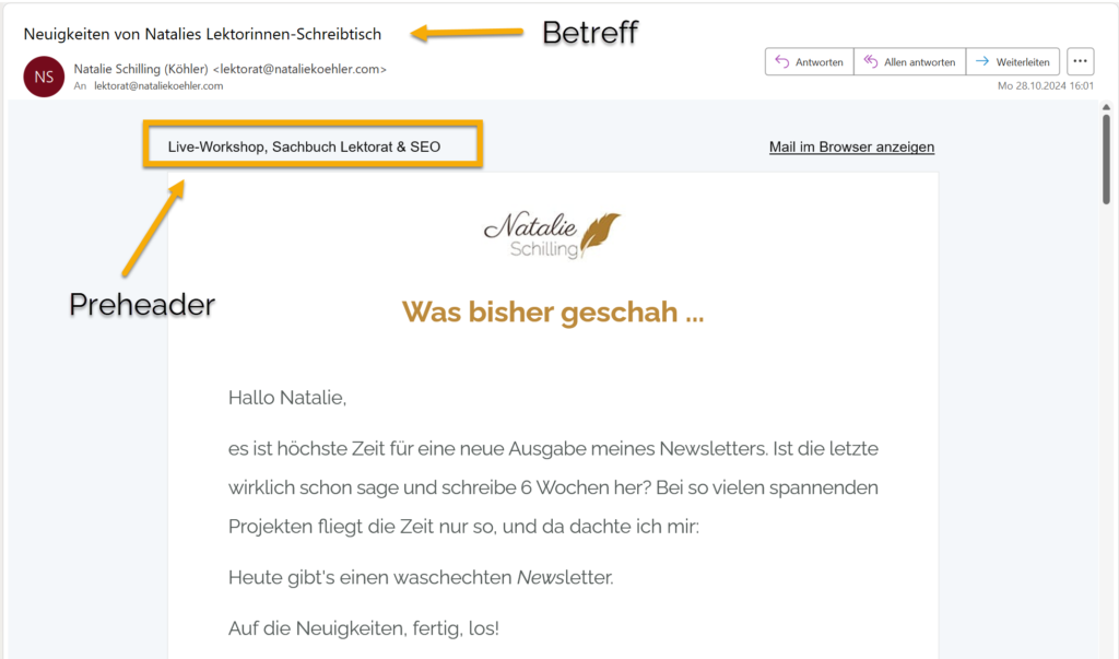 Preheader: ganz oben links in der geöffneten E-Mail